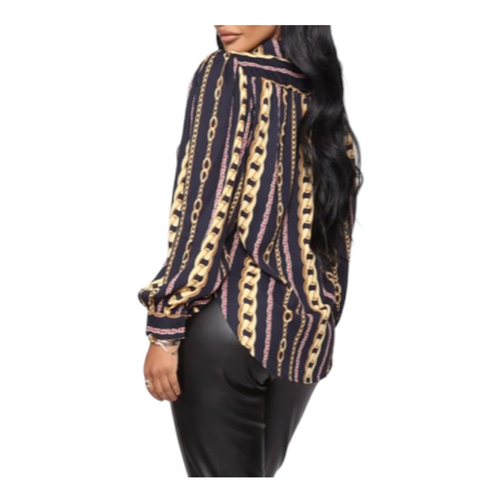 Ovi Black and Gold Chain Pattern Blouse Sz L - Picture 2 of 5